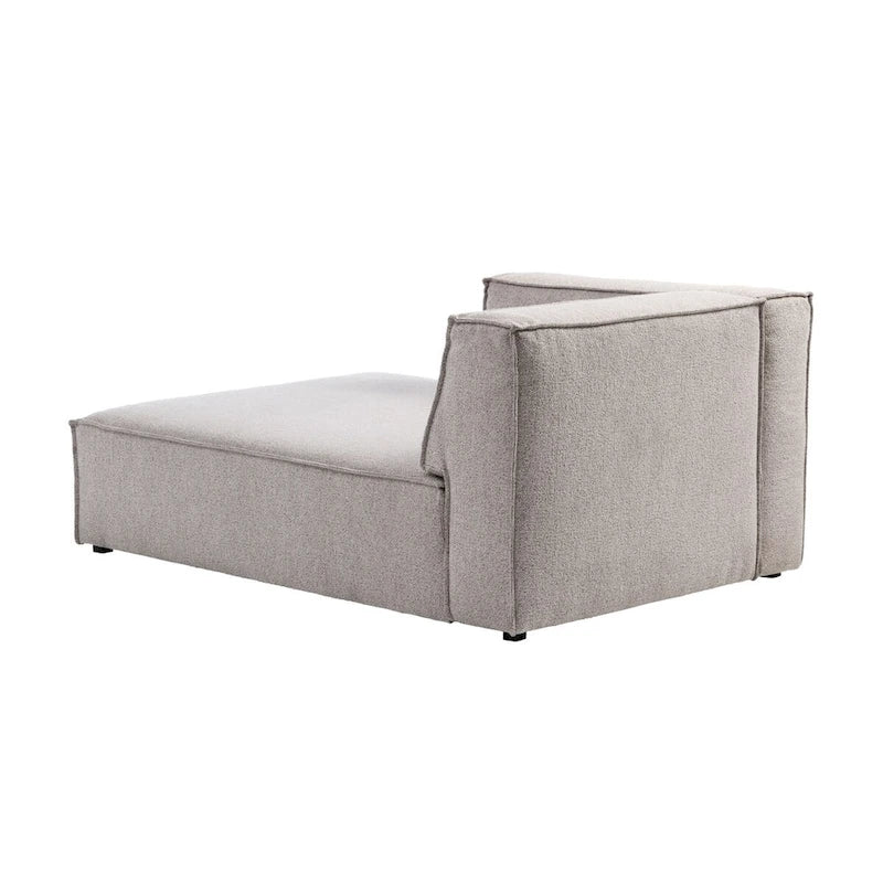 Divano modulare con chaise longue, 1 posto, in velluto a coste verde oliva e bouclé color tortora