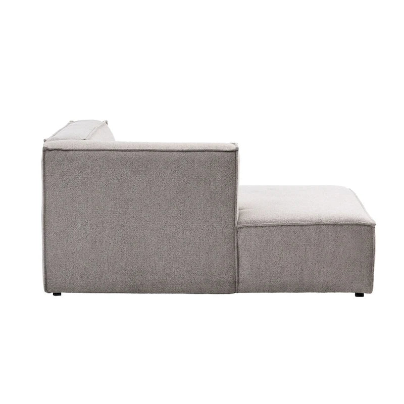 Divano modulare con chaise longue, 1 posto, in velluto a coste verde oliva e bouclé color tortora