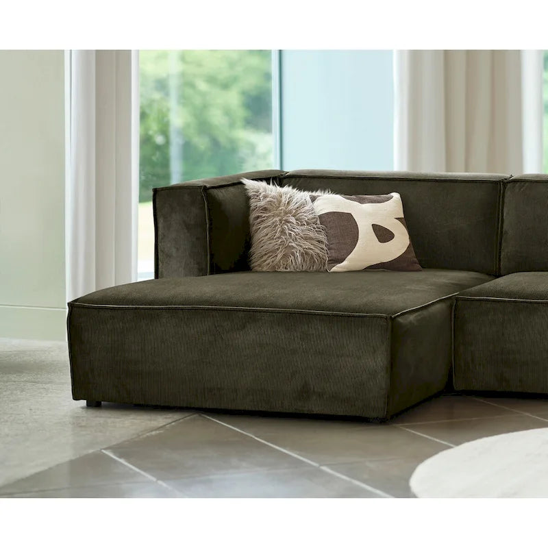 Divano modulare con chaise longue, 1 posto, in velluto a coste verde oliva e bouclé color tortora