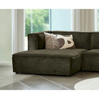 Divano modulare con chaise longue, 1 posto, in velluto a coste verde oliva e bouclé color tortora