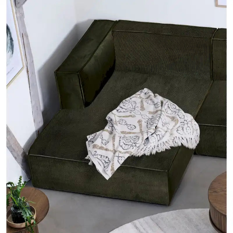 Divano modulare con chaise longue, 1 posto, in velluto a coste verde oliva e bouclé color tortora