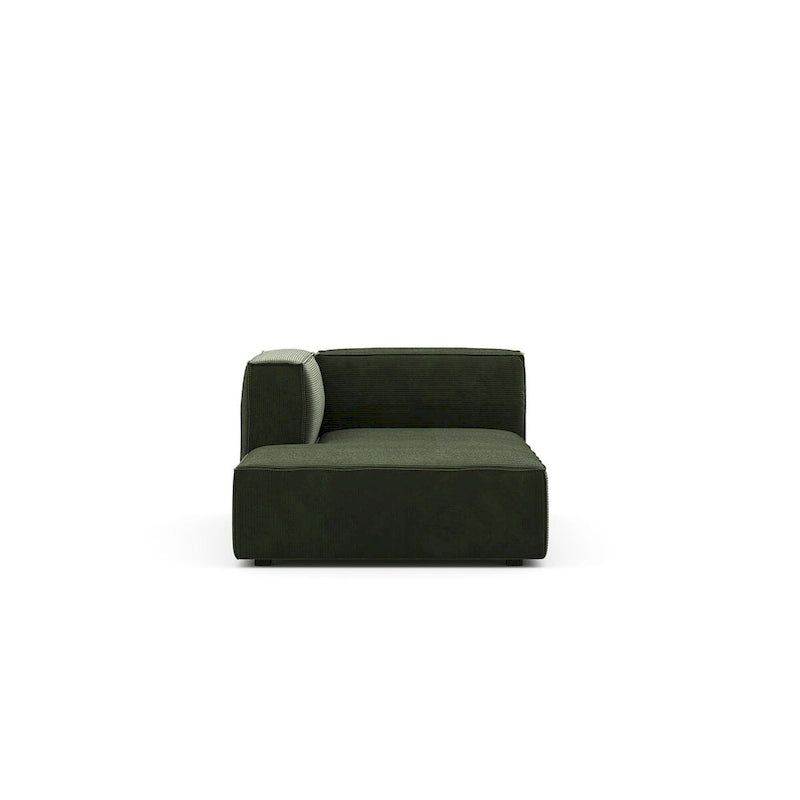 Divano modulare con chaise longue, 1 posto, in velluto a coste verde oliva e bouclé color tortora