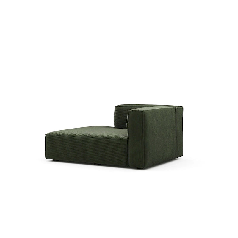 Divano modulare con chaise longue, 1 posto, in velluto a coste verde oliva e bouclé color tortora