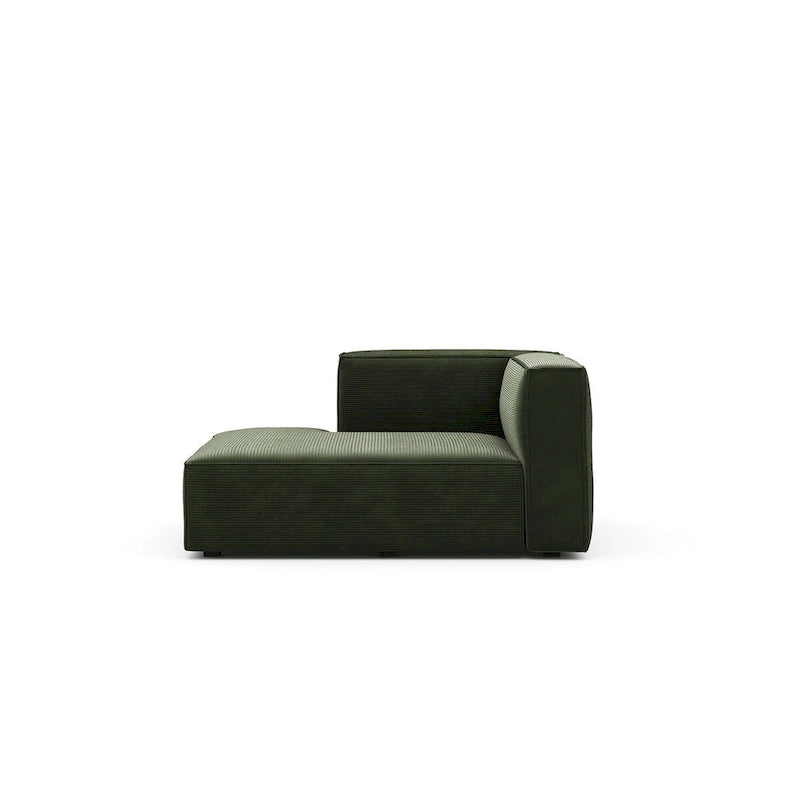 Divano modulare con chaise longue, 1 posto, in velluto a coste verde oliva e bouclé color tortora