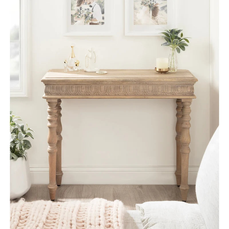 Tavolo Consolle Stile Intagliato Naturale, Montaggio 1 Persona, 91 cm L x 35,5 cm P x 75 cm H