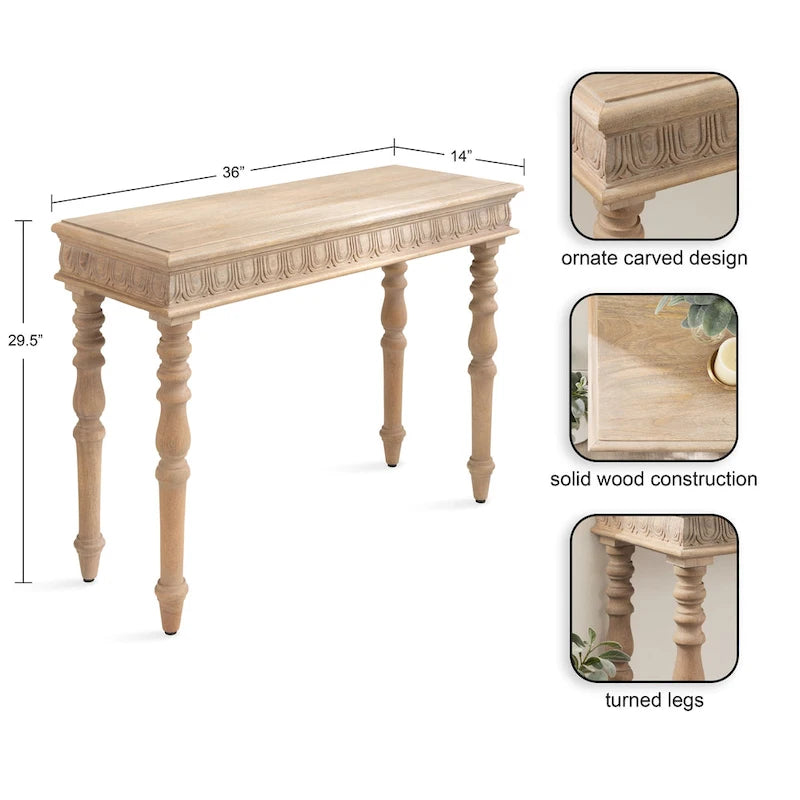 Tavolo Consolle Stile Intagliato Naturale, Montaggio 1 Persona, 91 cm L x 35,5 cm P x 75 cm H