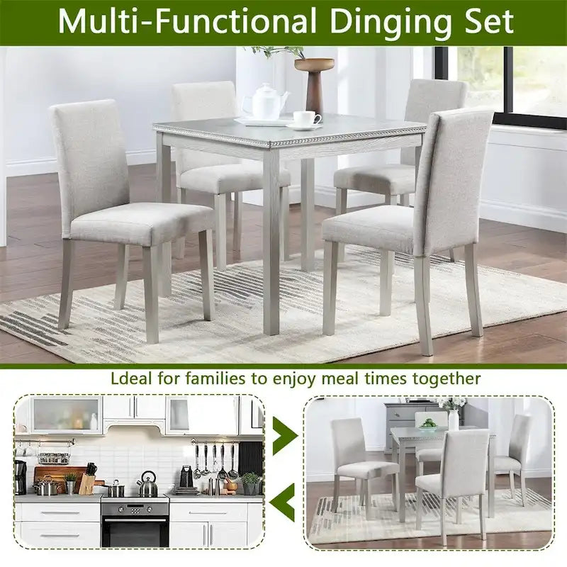 Set da Pranzo 5 Pezzi, Grigio/Nero/Bianco, Quadrato, 4 Posti