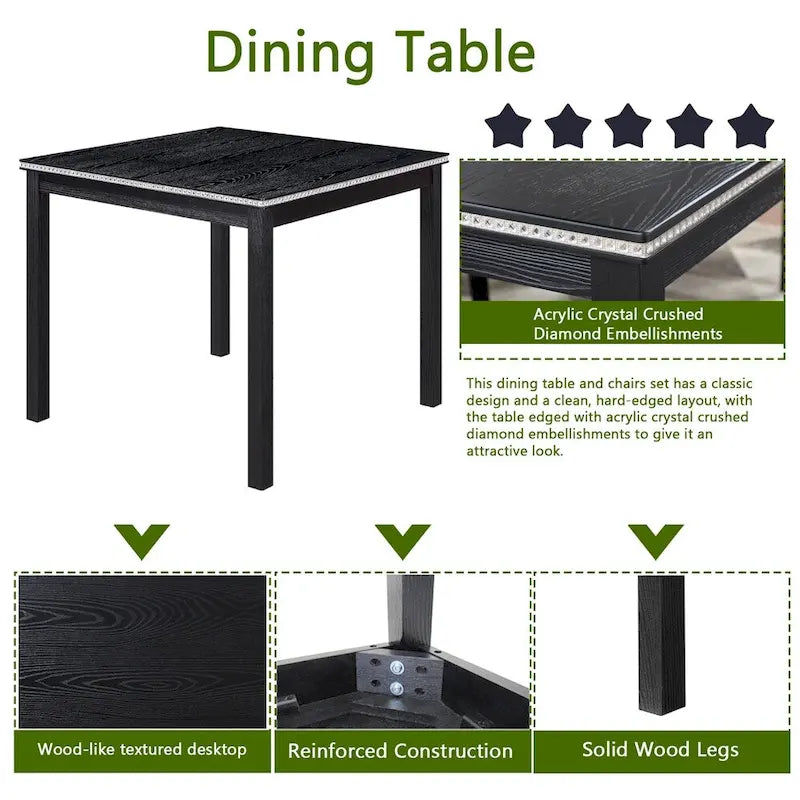 Set da Pranzo 5 Pezzi, Grigio/Nero/Bianco, Quadrato, 4 Posti