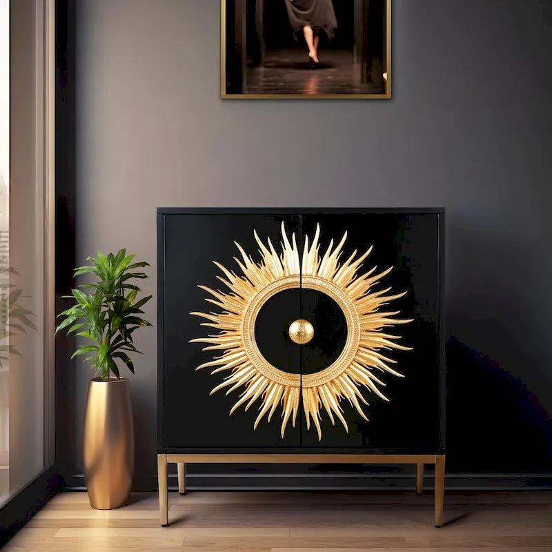 Credenza a 2 ante Nera e Oro, Stile Mid-Century, Motivo a Raggi di Sole