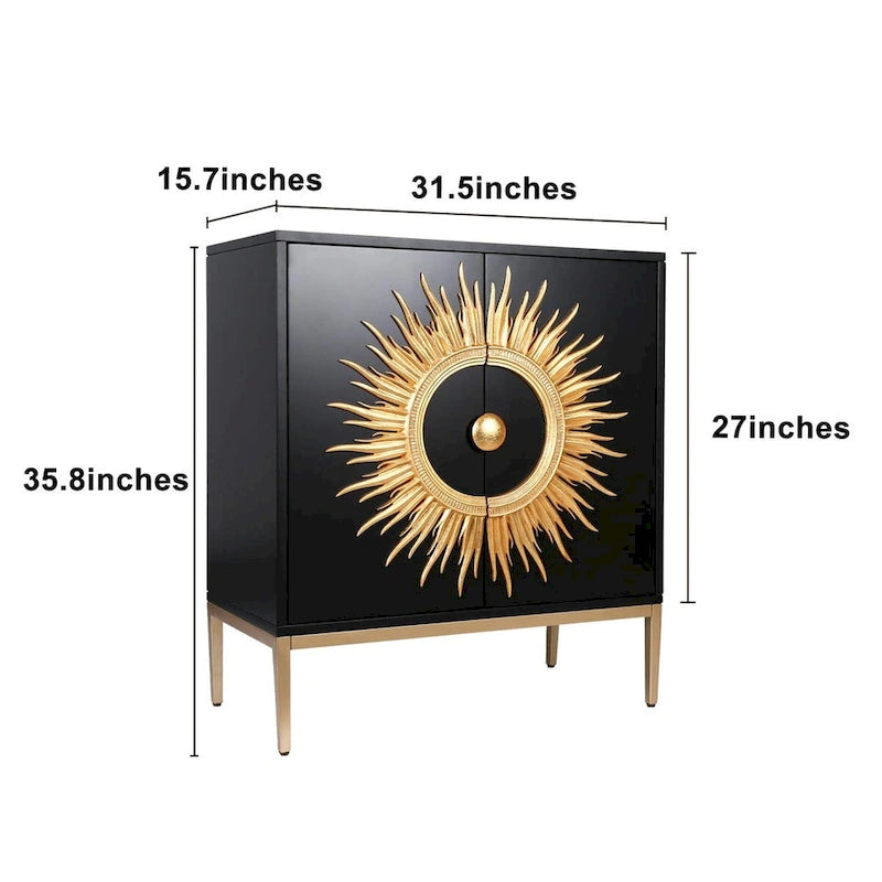 Credenza a 2 ante Nera e Oro, Stile Mid-Century, Motivo a Raggi di Sole