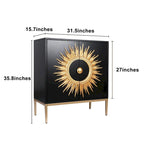 Credenza a 2 ante Nera e Oro, Stile Mid-Century, Motivo a Raggi di Sole