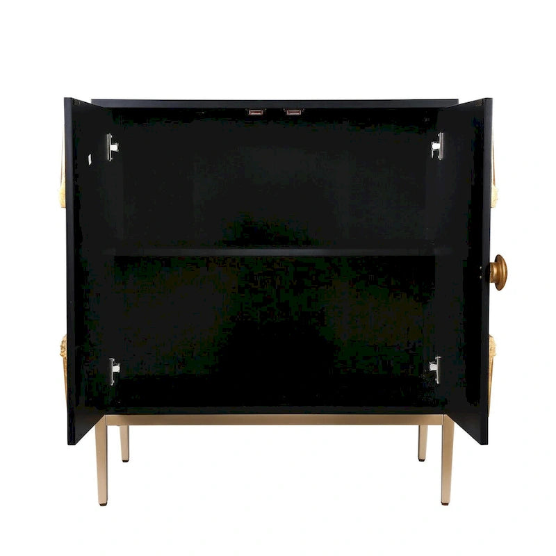 Credenza a 2 ante Nera e Oro, Stile Mid-Century, Motivo a Raggi di Sole