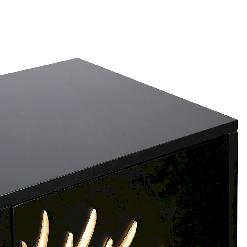 Credenza a 2 ante Nera e Oro, Stile Mid-Century, Motivo a Raggi di Sole