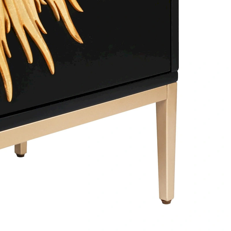 Credenza a 2 ante Nera e Oro, Stile Mid-Century, Motivo a Raggi di Sole