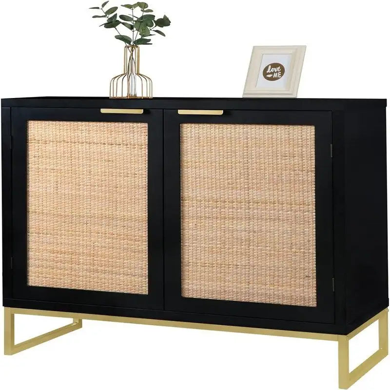 Mobiletto portaoggetti con ante in rattan nero, 2 ante, 80L x 35P x 74.7A cm