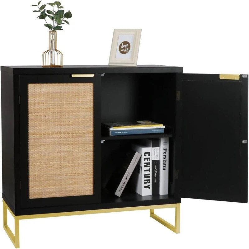 Mobiletto portaoggetti con ante in rattan nero, 2 ante, 80L x 35P x 74.7A cm