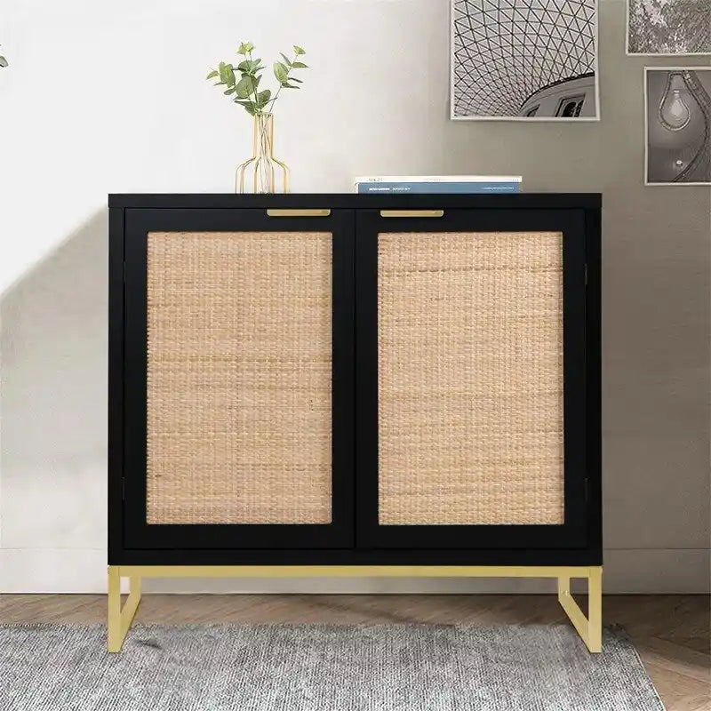 Mobiletto portaoggetti con ante in rattan nero, 2 ante, 80L x 35P x 74.7A cm