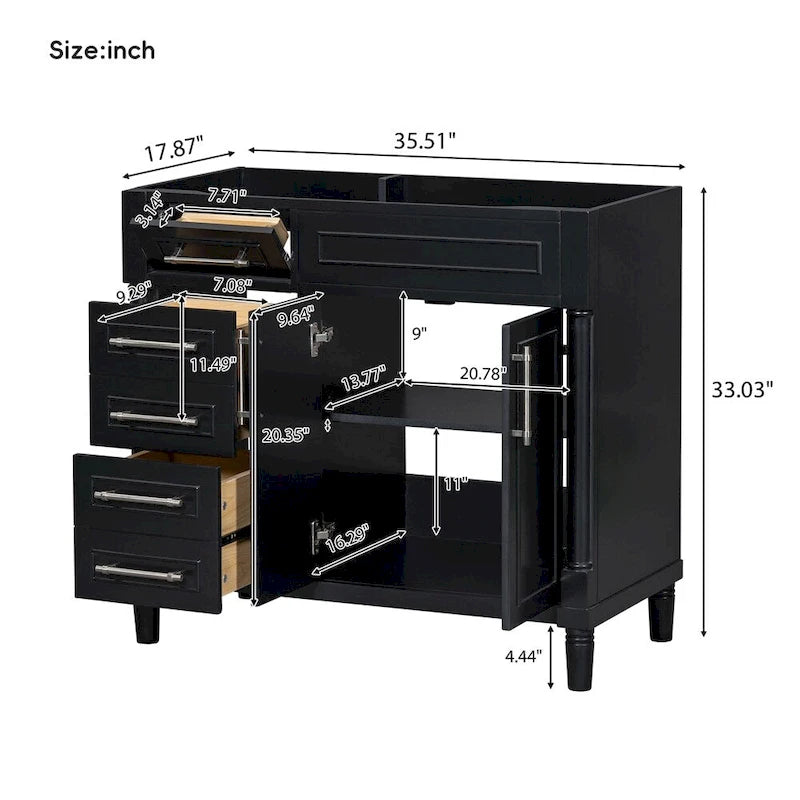 Mobile bagno singolo nero moderno da 36" con 3 cassetti e armadietto (senza lavabo)