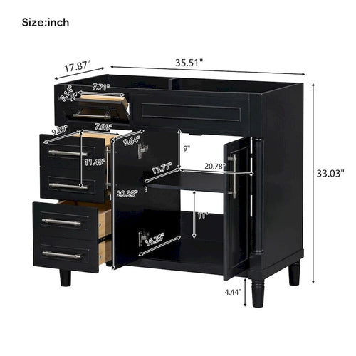 Mobile bagno singolo nero moderno da 36" con 3 cassetti e armadietto (senza lavabo)