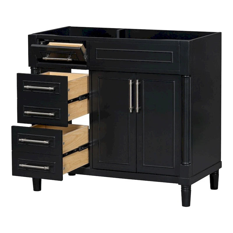 Mobile bagno singolo nero moderno da 36" con 3 cassetti e armadietto (senza lavabo)